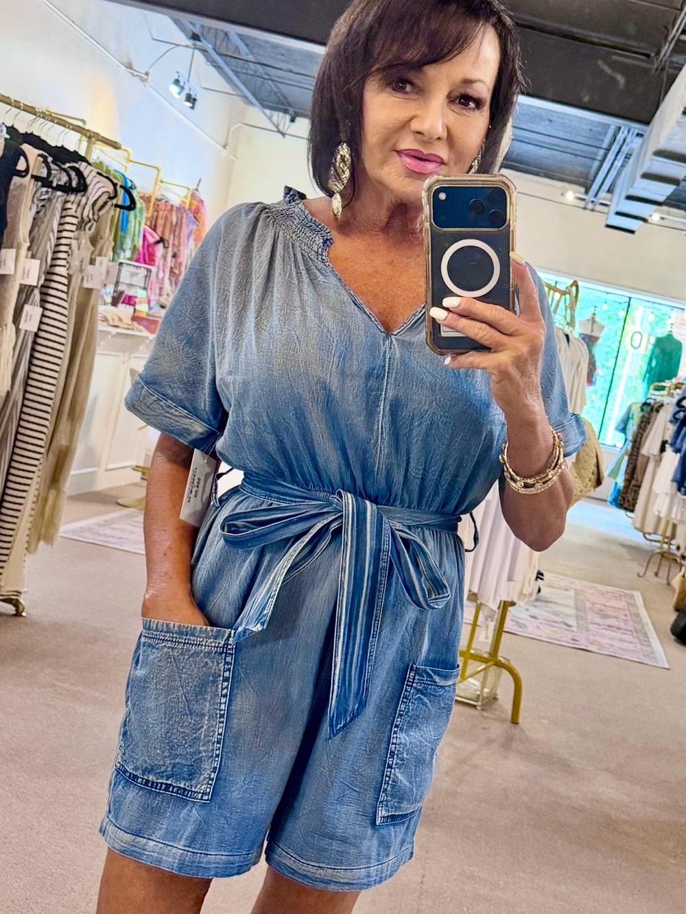 Source Unknown Washed Blue Denim Romper with Tie Waist